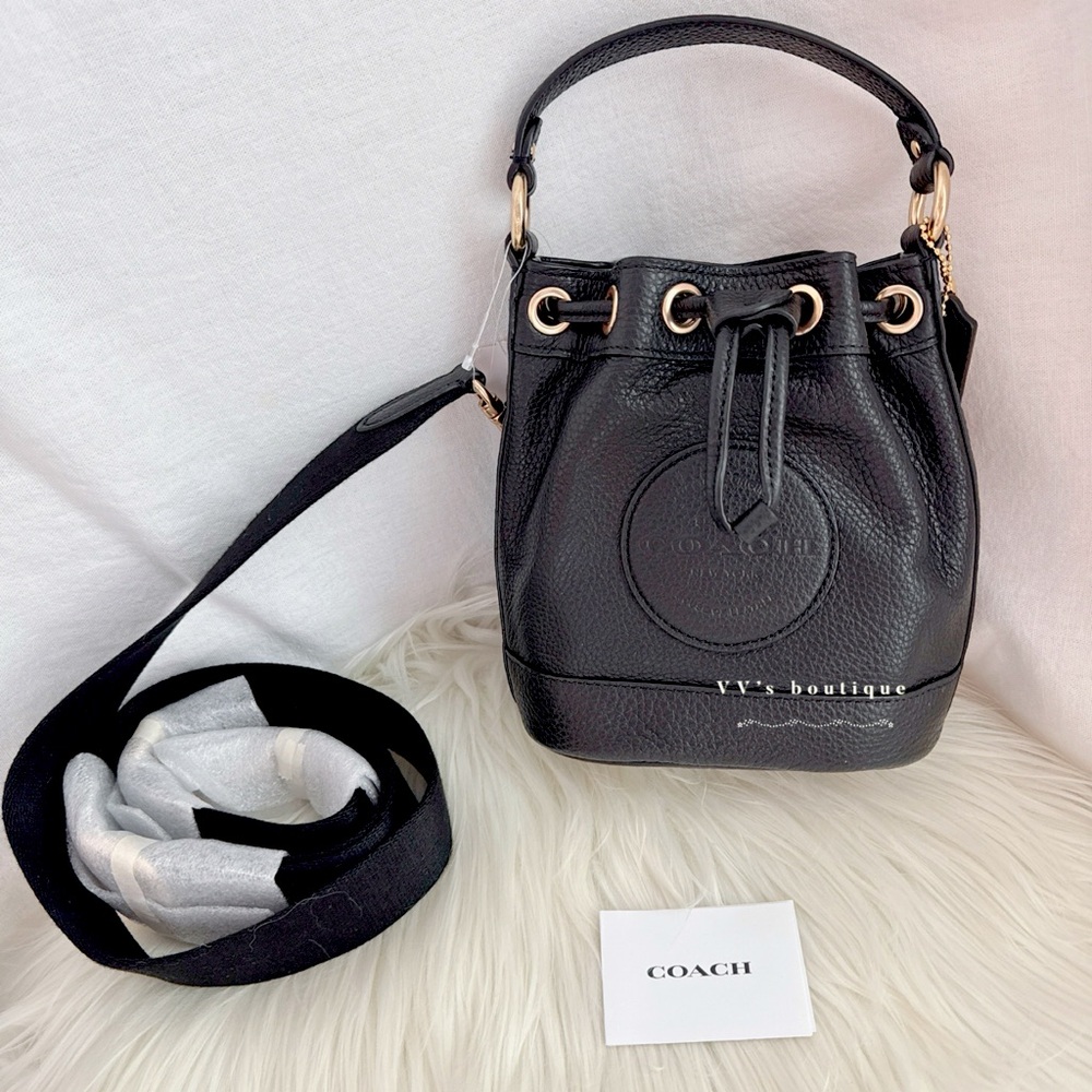 NWT Coach Dempsey Drawstring Leather Bucket Bag 15 With Coach Patch Black C5269